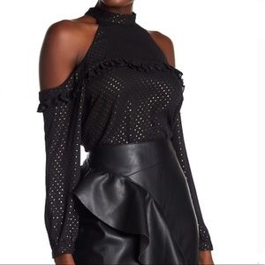 SUPPLY & DEMAND BLACK GOLD STAR MOCK TIE BLOUSE